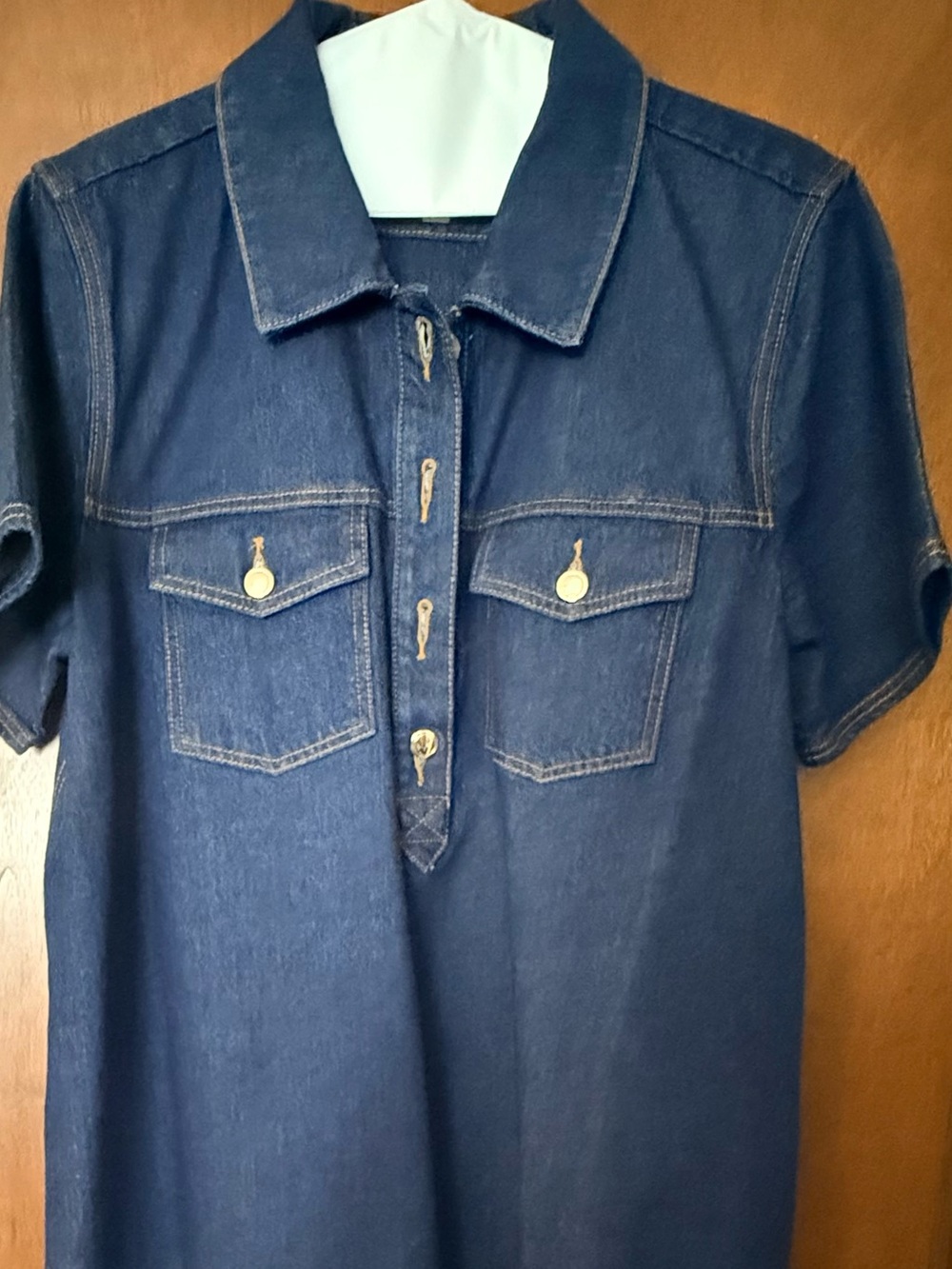 Loft -Dark Blue Denim Short-Sleeve Polo Shirt with Chest Pockets